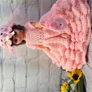 Vintage Angel Doll Brunette Crochet Dress and Accessories Pink 14"